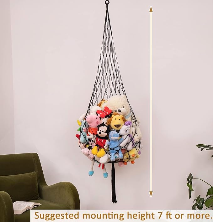Novel Stuffed Animal Net or Hammock-Ceiling Hanging Net 6.5Ft- One Hook Only! Convenient for Corners, Walls and Ceiling Hanging Net, Stuff Animal Storage for kid room Bedroom Playroom-Black