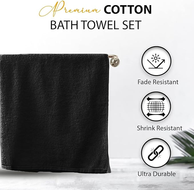100% Cotton Bath Towels, 24x48 Pack of 6 Towels, Quick Dry, Highly Absorbent, Soft Feel Towel, Gym, Spa, Bathroom, Shower, Pool, Luxury Soft Towels (Black, 24x48-6 Pack)