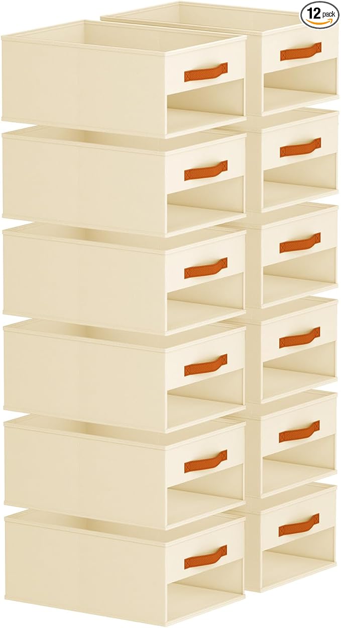 Closet Organizers and Storage - 12 Pack Storage Bins Baskets for Organization Foldable Closet Organizer with Clear Window & Handles for Clothes, Toys, Towels, Small Essentials (Beige)