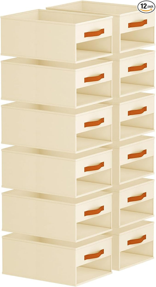 Closet Organizers and Storage - 12 Pack Storage Bins Baskets for Organization Foldable Closet Organizer with Clear Window & Handles for Clothes, Toys, Towels, Small Essentials (Beige)