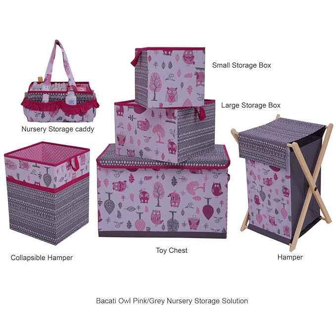 Bacati Owls Girls Cotton Storage Box Small, Pink/Grey