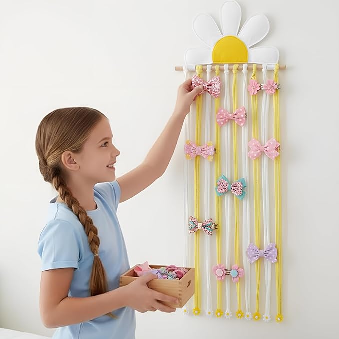 Long Bow Holder for Girls Baby White Daisy Hair Bows Clip Organizer 31.5 Inch Baby Hair Accessories Storage Display Hanging Decor for Girls Nursery Room Bedroom Living Room