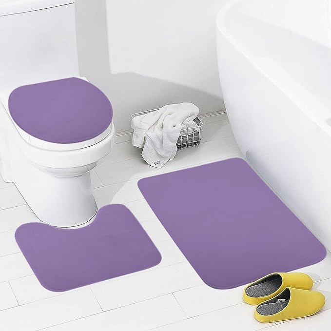 3 Pieces Bath Rug Sets, Purple Lavender Trend Color Bathroom Mat Set Non Slip U Shaped Contour Rug & Toilet Lid Cover