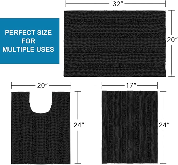 H.VERSAILTEX 3 Piece Bathroom Rugs Sets Thick Striped Bath Rugs Set for Bathroom Non Slip Soft Absorbent Bath Mat Set for Tub, Shower and Toilet(17''x24''+20''x32''+20''x24'' U-Shaped, Jet Black)