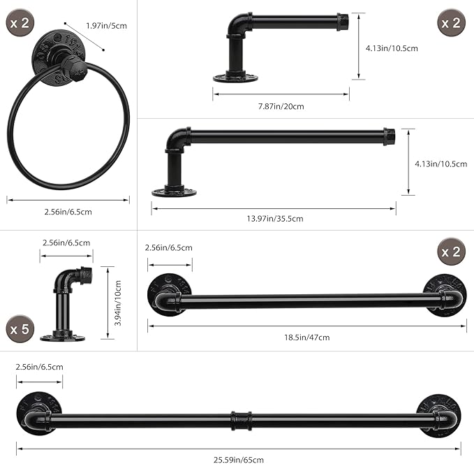 13-Pieces Towel Bar Set Black Bathroom Hardware Set Industrial Pipe Bath Towel Rack Accessories Kit Wall Hand Towel Bar, Toilet Paper Holder, Towel Ring, Robe Towel Hooks, Kitchen Tissue Paper Hanger