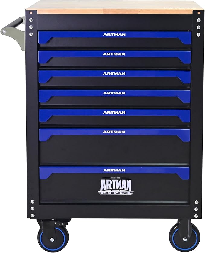 30 Inch Rolling Tool Chest with 7 Drawers, Steel Tool Cabinet with Wood Countertop, Lockable 360° Swivel Casters, Stand Up Toolbox, Portable Garage Tool Box for Home, Workshop (Black+Blue)