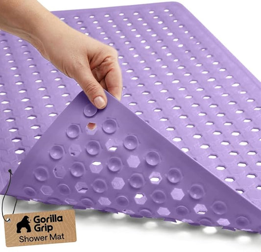 GORILLA GRIP Patented Bath Tub Shower Mat, Machine Washable Bathtub Floor Liner Mats, Suction Cups and Drain Holes to Keep Tubs Clean, Soft on Feet, Bathroom Essentials, 35x16 Inch, Purple Opaque