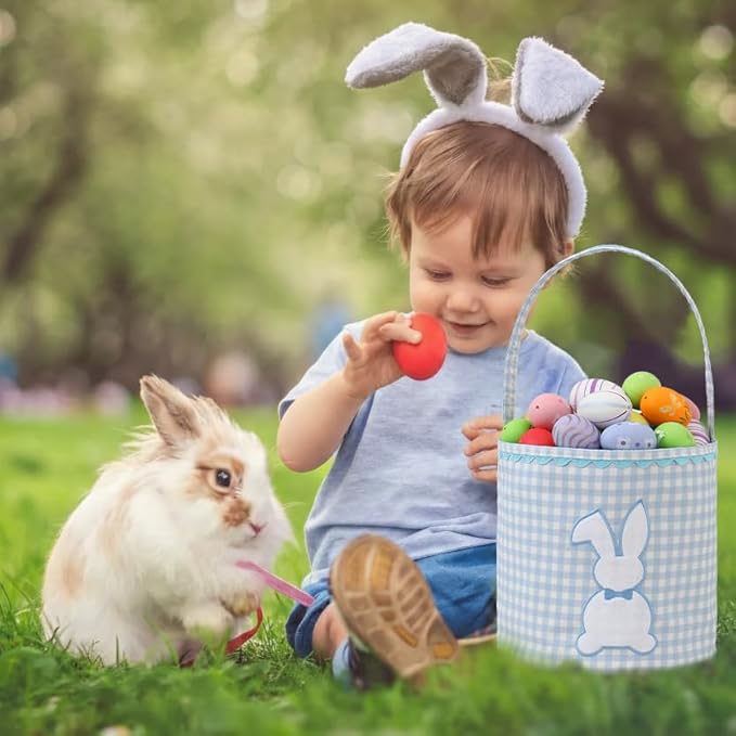 DYSHAYEN Bunny Easter Basket, Gingham Empty Easter Bucket with Handle for Easter Egg Hunts Party Favor Decorations (Blue)