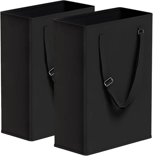 TECHMILLY Slim Laundry Hamper with Adjustable Long Handles, 45L Small Laundry Baskets with Mesh Top, Narrow Dirty Clothes Hamper for Bedroom, Closet, and Bathroom - Black, 2 Packs