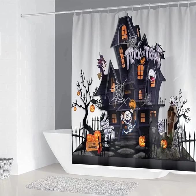 Halloween Pumpkin Waterproof Shower Curtain,with Non-Slip Rugs,Toilet Lid Cover and Bath Mat,Bathroom Shower Decor Accessory Set
