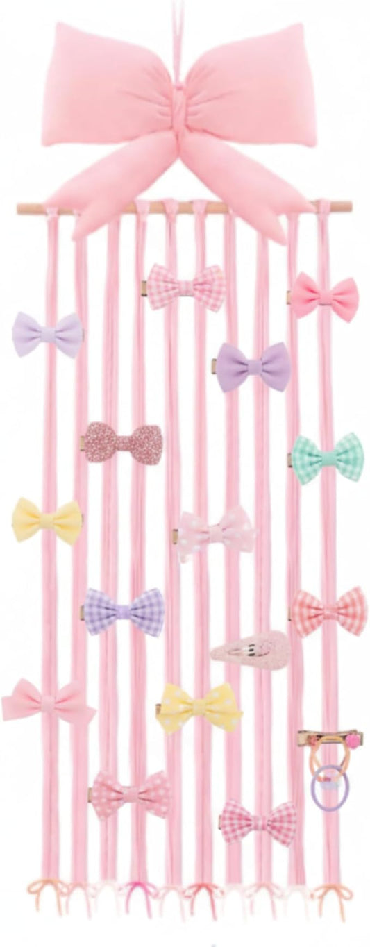 Long Bow Holder for Girls Baby Pink Bow Hair Bows Clip Organizer 31.5 Inch Baby Hair Accessories Storage Display Hanging Decor for Girls Nursery Room Bedroom Living Room