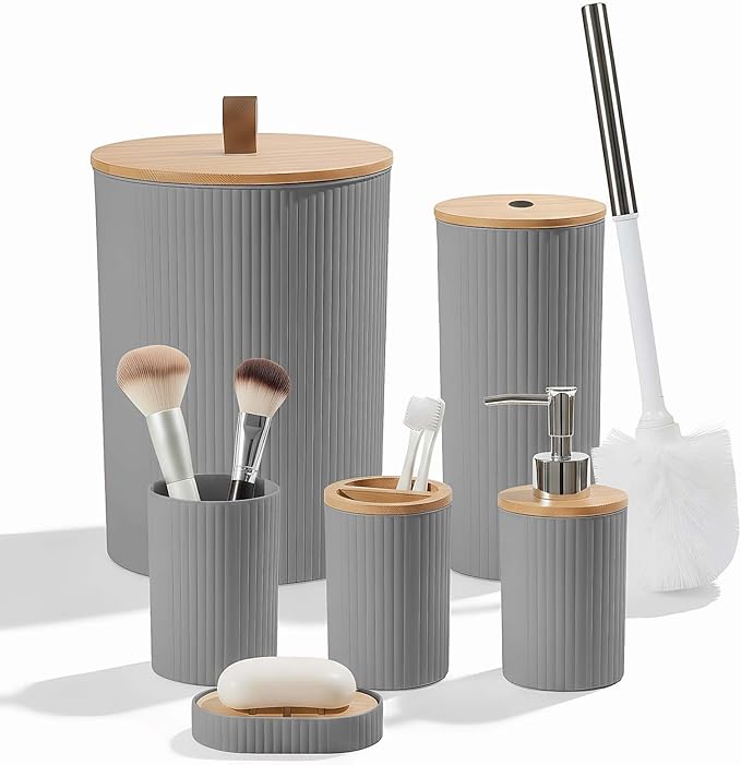 6-Piece Bathroom Set – Includes Toilet Brush, Trash Can & Soap Dispenser, Creating a Tidy and Coordinated Bathroom Space in One Stop，Round-Gray