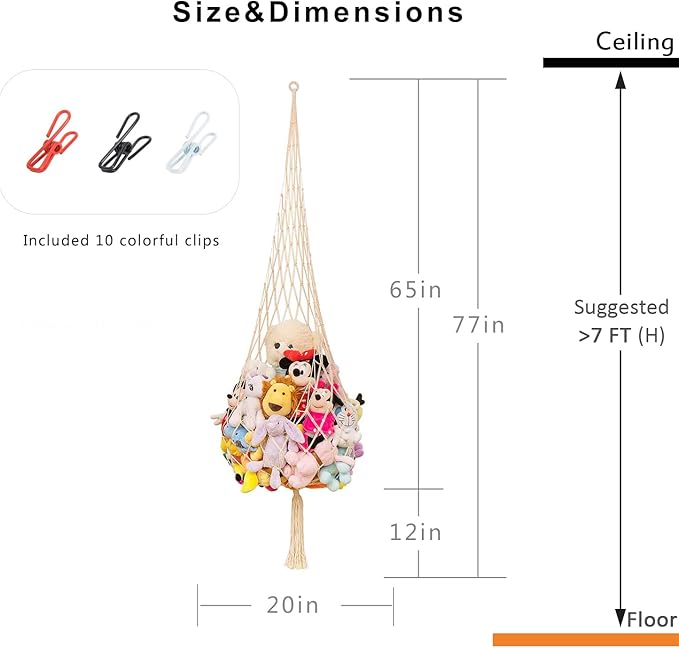 Novel Stuffed Animal Net or Hammock Macrame Toy Display- 6.5ft H,One Hook! Perfect for The Tiny Space in Corner,Wall Ceiling Hanging Net, Stuffies Animal Storage for Kid Room Bedroom Playroom Decor