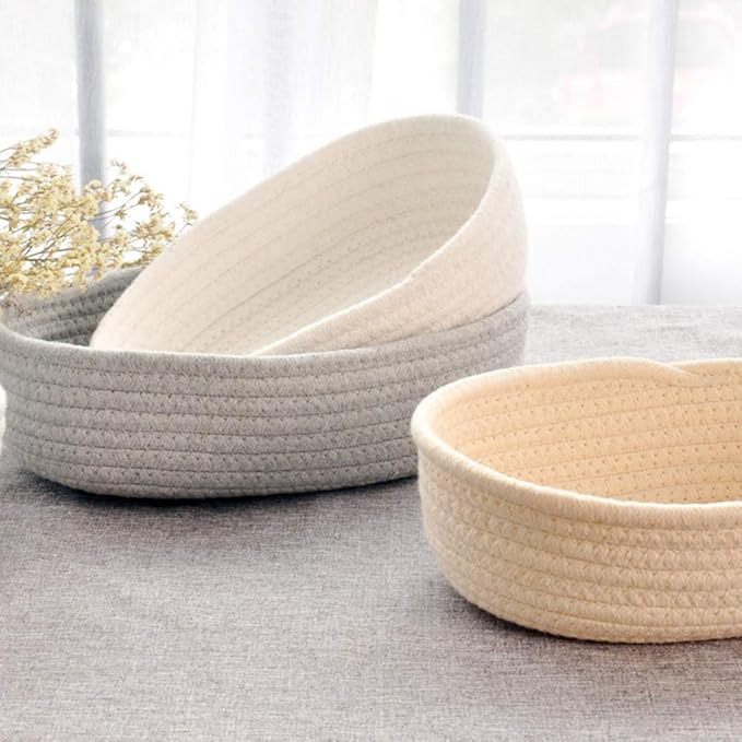 Cotton Rope Handmade Woven Home Storage Household Candy Toys Storage Basket Sundries Collection Box Candy Snack Food Tray SML Pack of 3 (Oval, Grey)