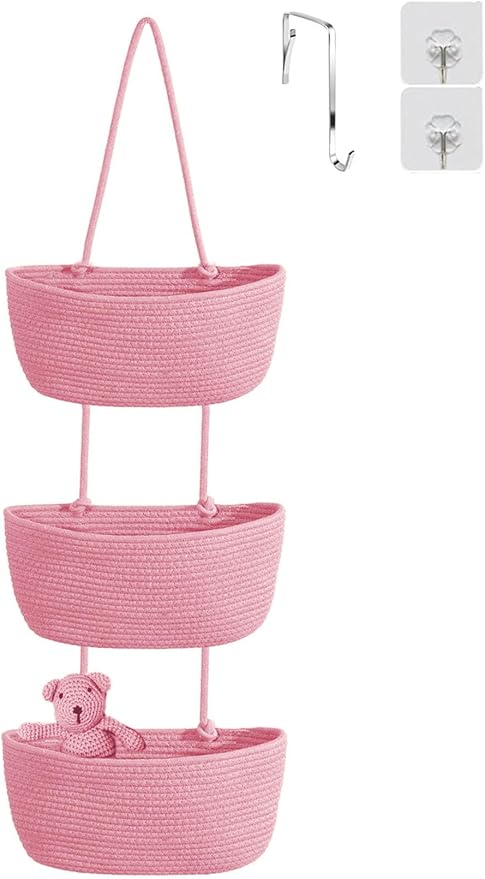 YYaaloa Pink Woven Cotton Hanging Baskets for Organizing Decor 3-Tier Over the Door Wall-Mounted Storage Bag Nursery Baskets for Organizing Living Room, Bathroom and Bedroom (Pink)