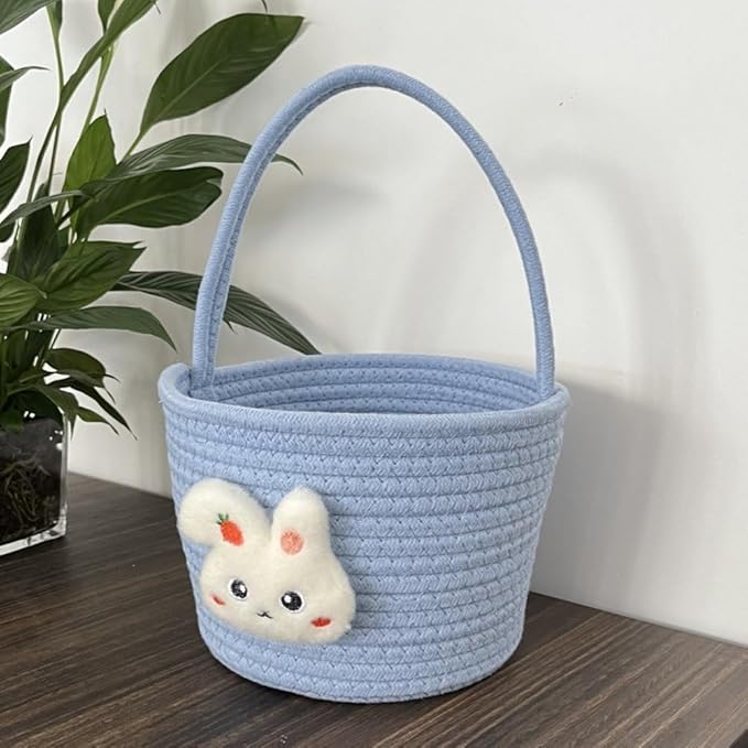 Easter Bunny Basket, Cotton Hand-Woven Storage Basket, Easter Egg Basket Cute Bunny Shopping Handbag for Easter Party