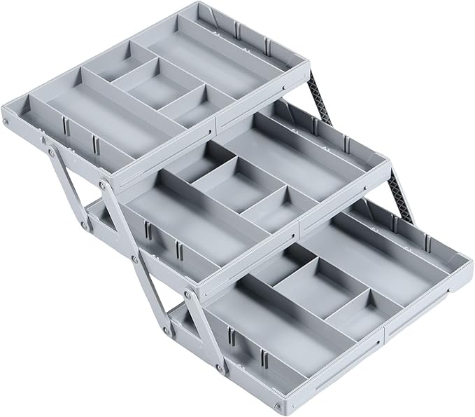 2/3 Tier Drawer Organizer, Collapsible Multi Level Drawer Organizer Tray, Expandable Bathroom Desk Drawer Organizer Trays, Adjustable Compartments Storage Trays for Jewelry (Single Row 3 Tiers)