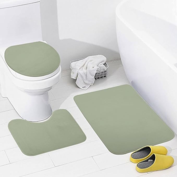 3 Pieces Bath Rug Sets, Sage Green Trend Color Bathroom Mat Set Non Slip U Shaped Contour Rug & Toilet Lid Cover