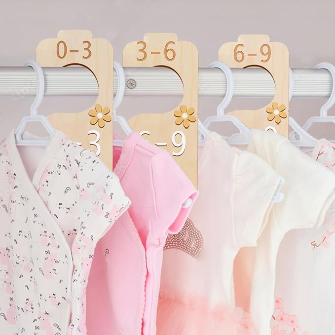 Baby Closet Divider - 3D Double-Sided Wooden Baby Wardrobe Baby Closet Organizer,Daisy design Nursery Decor Clothes Hanger Dividers for Sorting 8 Sizes from Newborn to 24+ Months