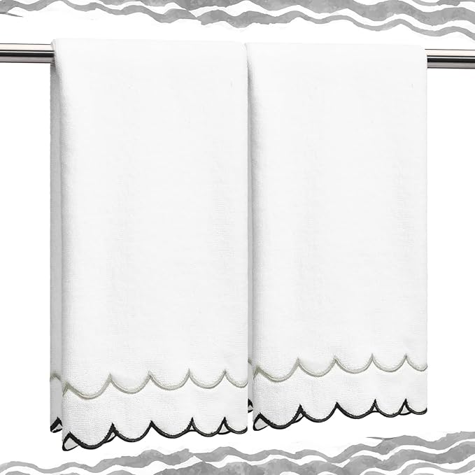 2 Pcs Scalloped Hand Towels 100% Cotton Fingertip Towels for Bathroom 15.75 x 27.56 Inch 600 GSM Cute Soft Absorbent Embroidered Decorative for Home Hotel(Gray and Black,Classic)