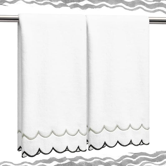 2 Pcs Scalloped Hand Towels 100% Cotton Fingertip Towels for Bathroom 15.75 x 27.56 Inch 600 GSM Cute Soft Absorbent Embroidered Decorative for Home Hotel(Gray and Black,Classic)