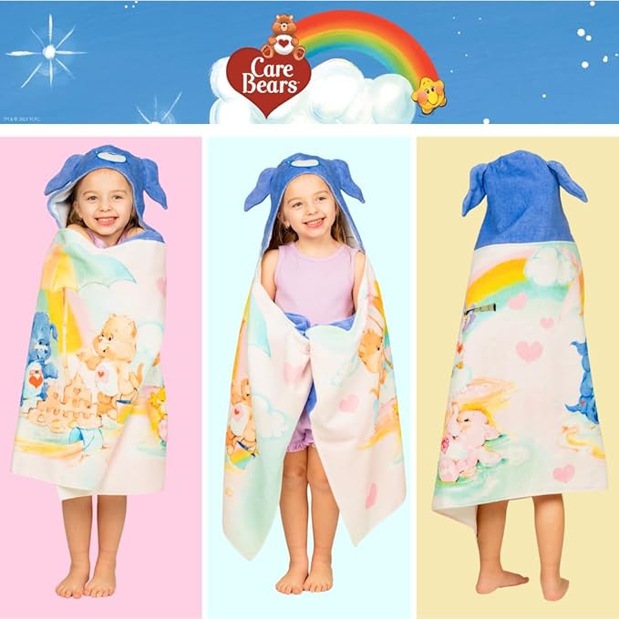 Care Bears Retro Kids Super Soft Bath/Pool/Beach Soft Cotton Terry Hooded Towel Wrap, 24 in x 50 in, (Officially Licensed Product) By Franco