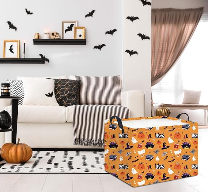 Rectangle Storage Basket with Handles,Collapsible Storage Bin,Books Box,Gift Basket(Yellow Halloween)