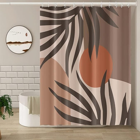 Abstract Mid Century Shower Curtain Boho Brown Leaves Chocolate Sun Shower Curtain for Modern Minimalist Aesthetic Bathroom Decor Waterproof Polyester with Hooks, 36x72 Inch