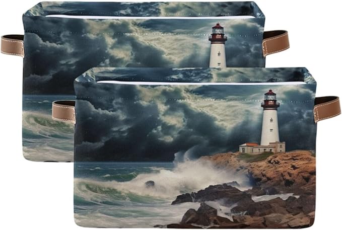 YETTASBIN Lighthouse Storage Basket 1pc, Large Collapsible Toys Clothes Organizer, Durable Canvas Storage Bin with Handle for Shelves Closet Laundry Home Office Decor