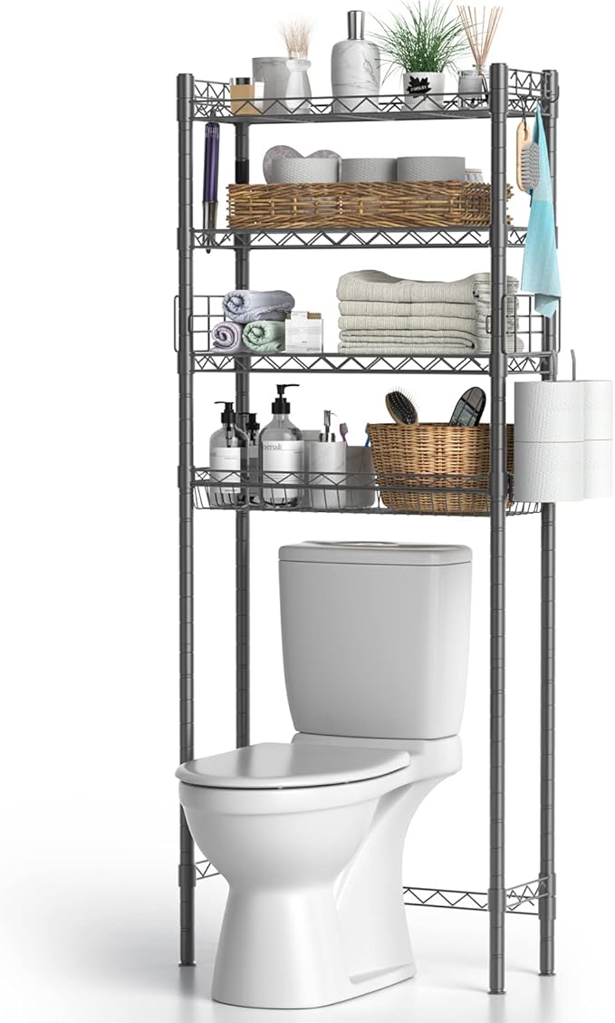 4-Tier Over The Toilet Storage, Adjustable Over Toilet Bathroom Organizer Rack, Freestanding Bathroom Shelves Above Toilet Storage, Sturdy Bathroom Space Saver with Basket and Shelves, Gray
