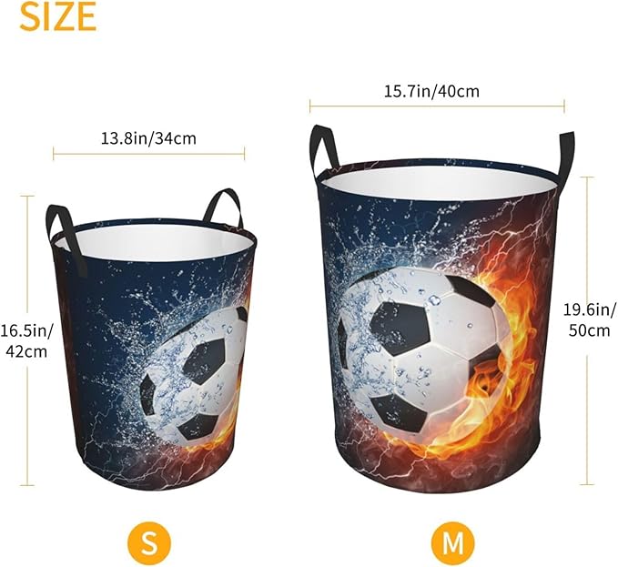 Soccer Ball In Fire And Water Round Laundry Hamper Sport Football Storage Basket Toys Clothes Organizer Bin For Home Bathroom Bedroom Dorm Nursery, 62l