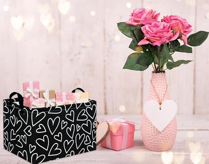 HIYAGON Rectangular Heart Basket Kids Baby Storage Bin Toy Basket Organizer Box for Girls Love Room Decor(Black Line Heart)