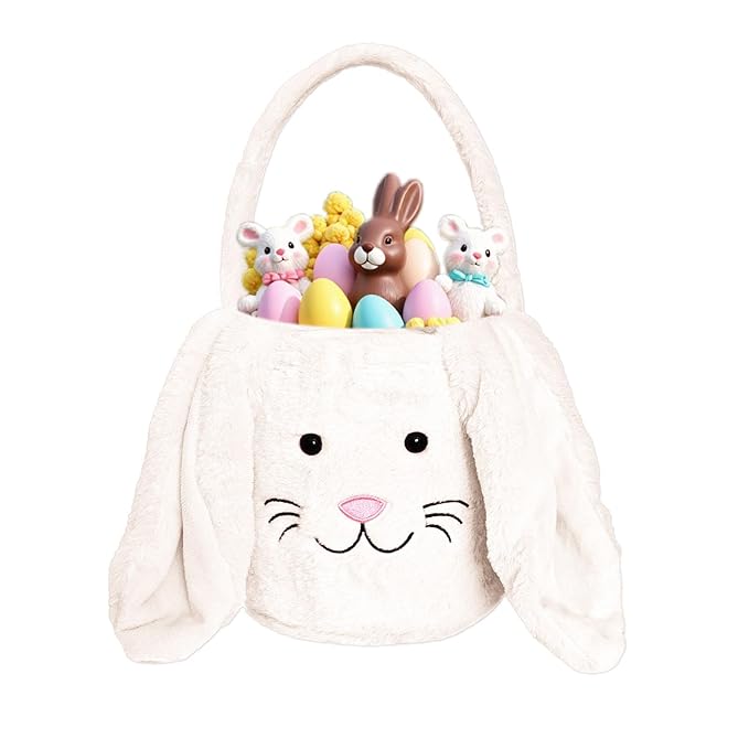 Easter Bunny Basket for Kids, Fluffy Easter Egg Hunt Bag Soft Fabric, Cute Rabbit Tote Bags with Long Plush Ear Easter Tote Bags for Candy Gifts Storage (White)