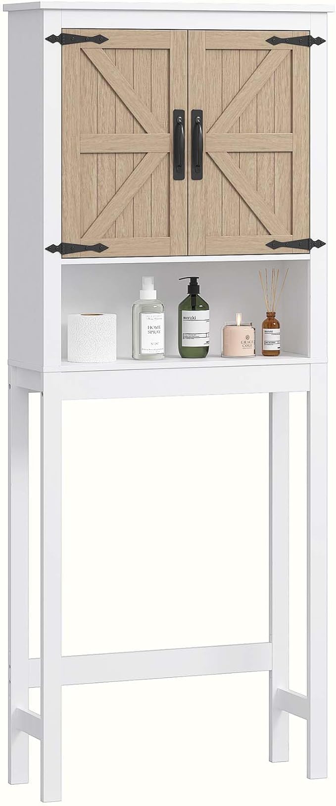 Spirich Over The Toilet Storage Cabinet, Farmhouse Over Toilet Bathroom Organizer with Wood Grain Barn Doors and Adjustable Shelves