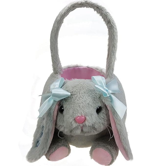 DearSun Personalized Easter Egg Hunting Basket 3D Plush Bunny Basket Candy Bucket Gift Basket with Embroidery Name (Grey Plush Bunny Basket)