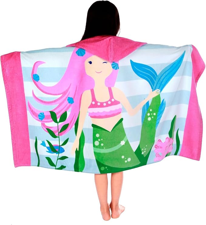 Hooded Beach Towel, Microfiber Hooded Beach Towel For Kids Toddler Infant Boy Girl, Beach Towel with Hood For Bath Pool Swim Swimwear Summer Beach Essentials Cartoon Shower Gifts (24x50 Inch, Mermaid)