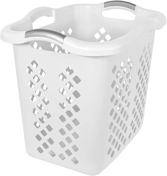 2 Bushel Plastic Laundry Basket with Silver Handles, White - Large Capacity Hamper for Adults and Teens, Sturdy Foldable Storage Bin for Bedroom, Bathroom, Dorm, and Closet