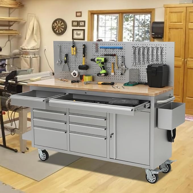 61" Rolling Tool Chest with 10 Drawers, Workbench Cabinet with Power Strip, Solid Rubber Wood Top, 1675 LBS Load, Mobile Heavy Duty Garage Storage, Locking Wheels