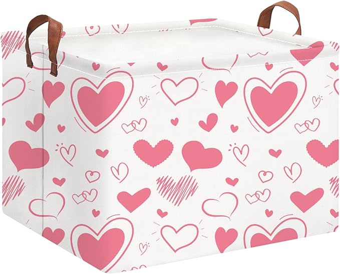 Rectangle Pink Gift Basket Empty with for Kids,Pink Valentine Bakset,Cute Organizer Toy Bin,Gift Basket for Girls/Kids(Pink & White Heart)