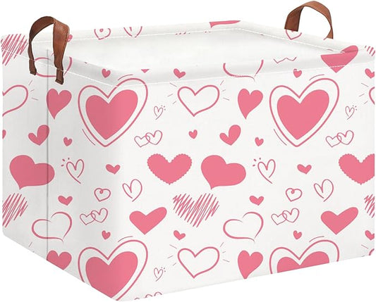 Rectangle Pink Gift Basket Empty with for Kids,Pink Valentine Bakset,Cute Organizer Toy Bin,Gift Basket for Girls/Kids(Pink & White Heart)