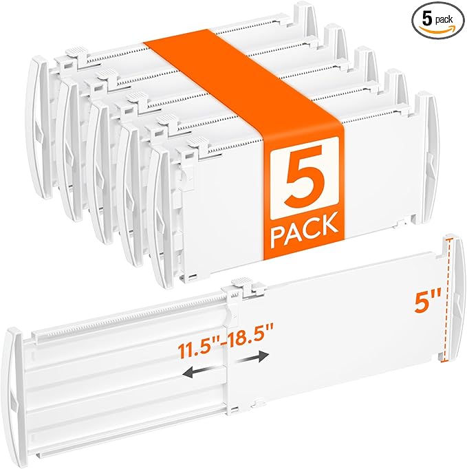 Lifewit 5" Tall 5 Pack Drawer Dividers, 30-47cm/11.5-18.5" Expandable Drawer Divider for Clothes, Adjustable Dresser Drawer Organizers, Drawers Separators for Dresser/Bathroom/Closet/Kitchen White
