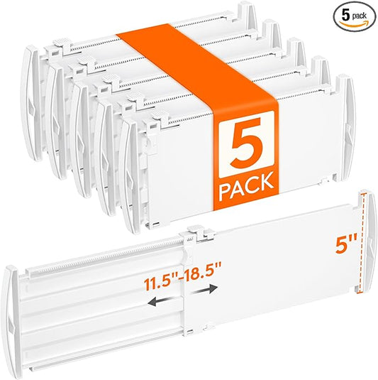 Lifewit 5" Tall 5 Pack Drawer Dividers, 30-47cm/11.5-18.5" Expandable Drawer Divider for Clothes, Adjustable Dresser Drawer Organizers, Drawers Separators for Dresser/Bathroom/Closet/Kitchen White