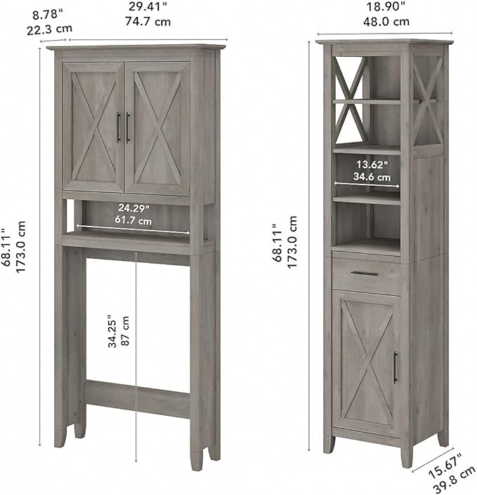 Bush Furniture Key West Tall Linen Cabinet and Over The Toilet Storage Cabinet in Driftwood Gray