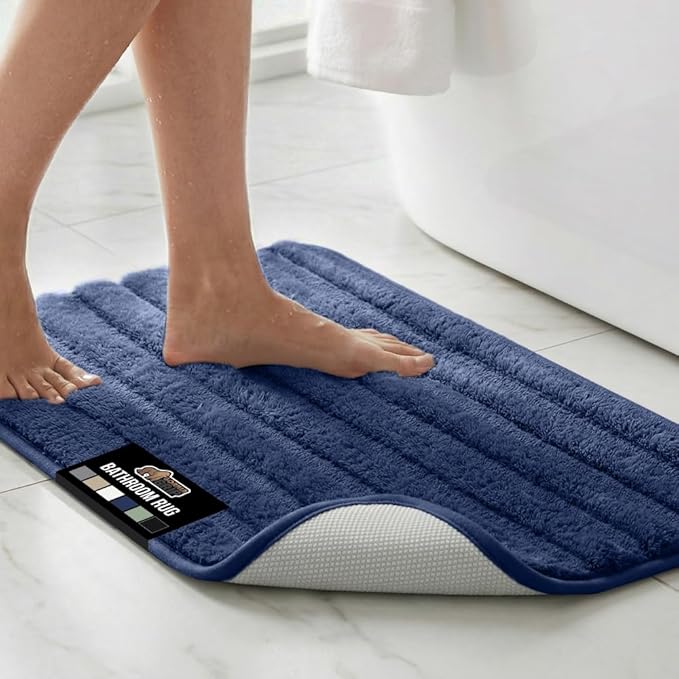 GORILLA GRIP Textured Backing Bathroom Rugs, Soft Memory Foam Absorbent Striped Bath Mats, Machine Washable & Fade Resistant, Bathmat Accessories for Floor, Home Decor Shower Essentials, Navy 30x18