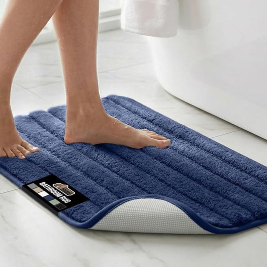 GORILLA GRIP Textured Backing Bathroom Rugs, Soft Memory Foam Absorbent Striped Bath Mats, Machine Washable & Fade Resistant, Bathmat Accessories for Floor, Home Decor Shower Essentials, Navy 30x18
