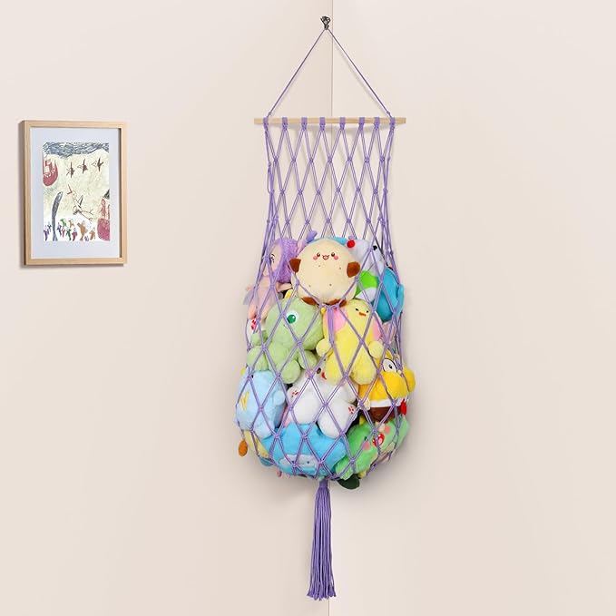 Stuffed Animal Storage Net, 68 Inch Jumbo Macrame Vertical Stuffed Animals Hammock Corner, Wall Ceiling Hanging Stuffy Hammock Plushie Holder Display for Kid Boy Girl Gift Boho Nursery Decor (Purple)