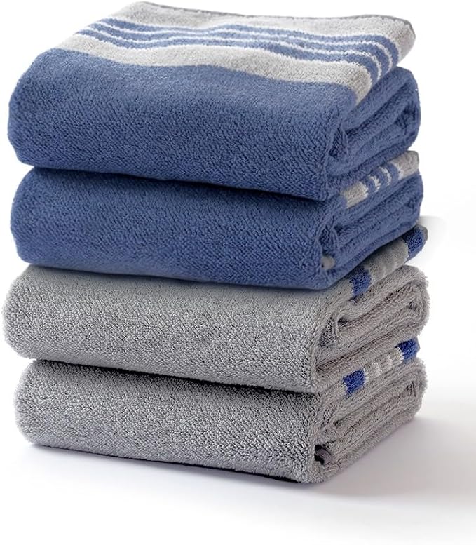 Hand Towels for Bathroom - 14x30 inches, Soft, 100% Cotton, Light-Weight, Blue&Grey, 4 Pack