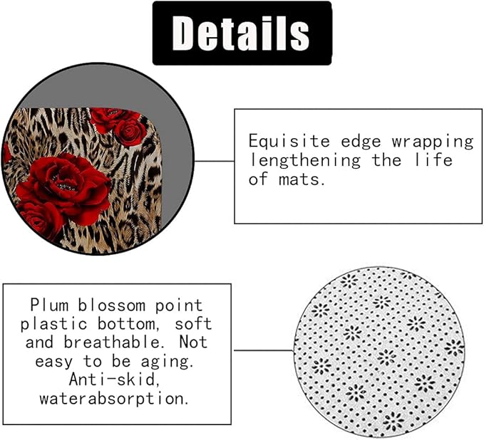 4PCS/Set Brown Leopard Print Shower Curtain, Romantic Red Rose Panthera Cheetah Safari Wildlife Wild Animal Skin Pattern Women Bathroom Decor, Non-Slip Bath Rugs Toilet Mats, Blooming Floral