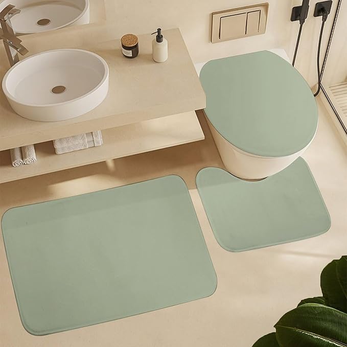 3 Pieces Bath Rug Sets, Sage Green Trend Color Bathroom Mat Set Non Slip U Shaped Contour Rug & Toilet Lid Cover