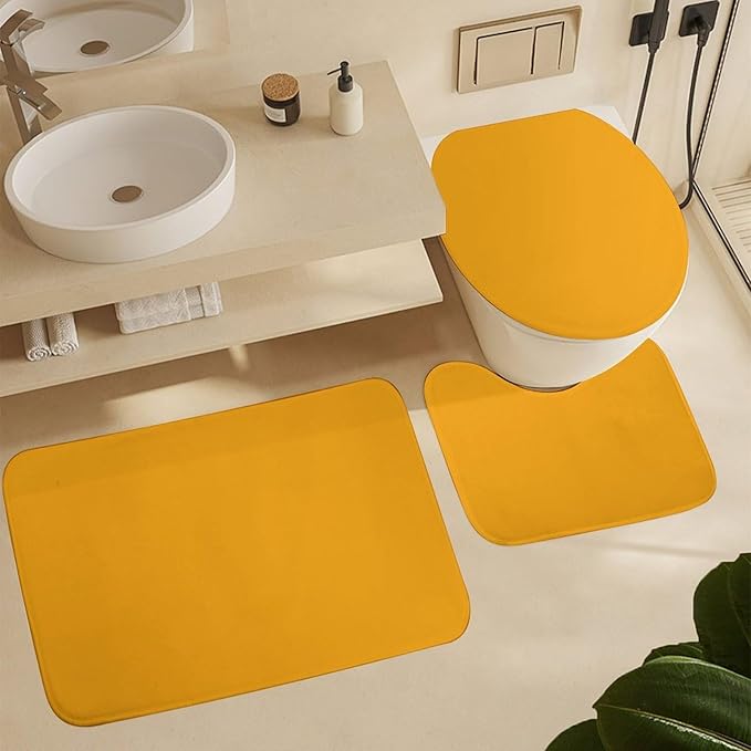 3 Pieces Bath Rug Sets, Orange Trend Color Bathroom Mat Set Non Slip U Shaped Contour Rug & Toilet Lid Cover
